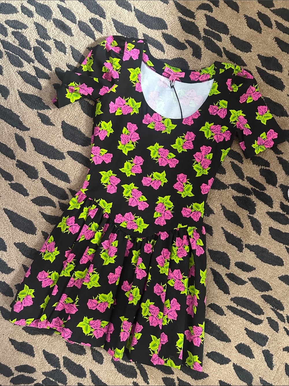 VTG Betsey Johnson Black Dress with Pink Roses NWT - Made in USA